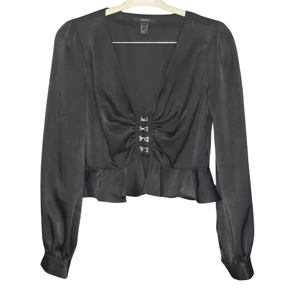 Forever 21 long sleeve blouse black witchy whimsigoth goth top corset hooks L